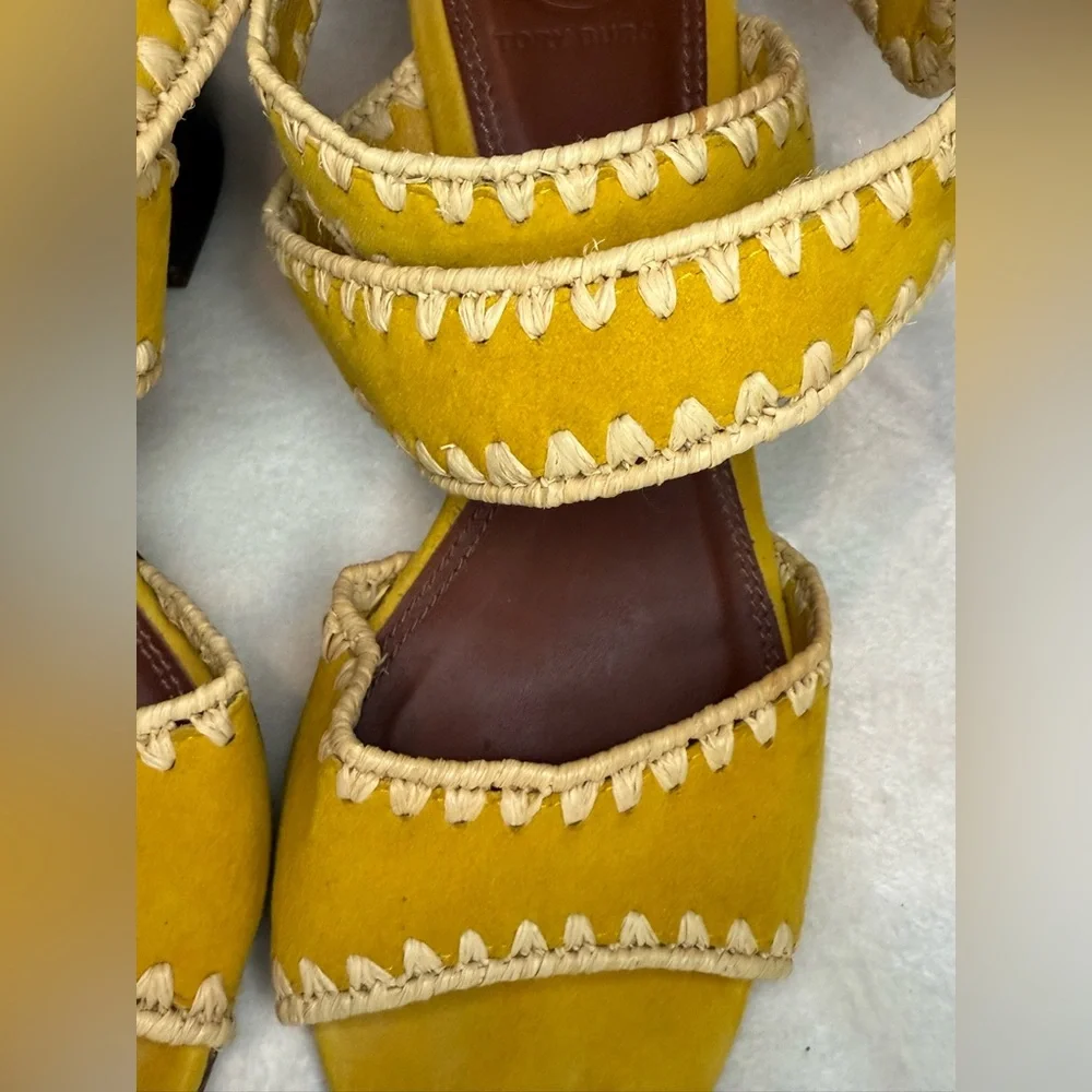 Tory Burch Yellow Raffia and Suede Ankle Strap Sandals‎ Women’s Heels size 6 1/2